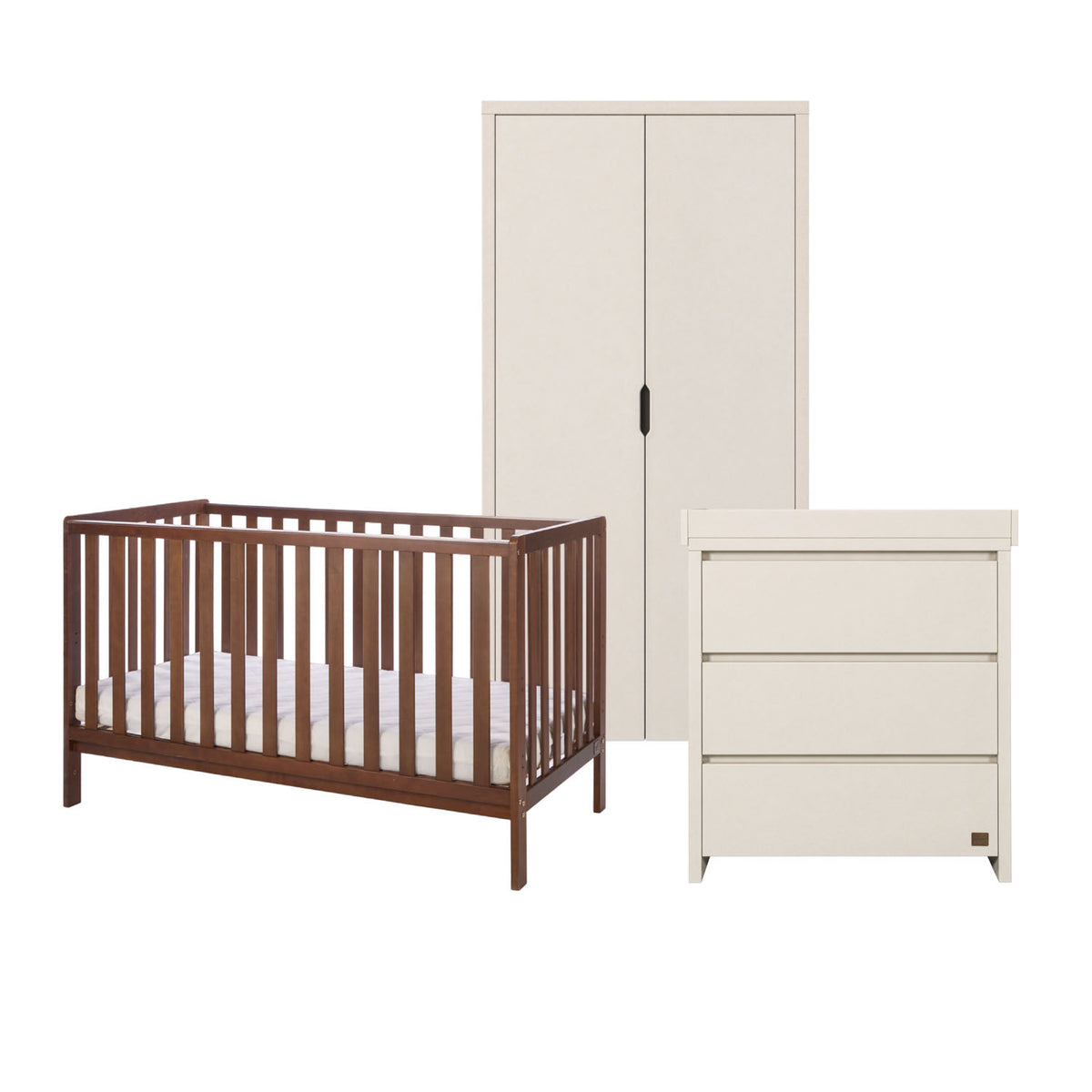 A baby nursery furniture set including a dark brown wooden cot bed with a mattress, a cream-colored changing table with drawers, and a matching tall wardrobe, shown on a plain white background.