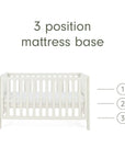 An infographic of a white cot bed with a mattress base shown on a white background, with text reading '3 position mattress base' and numbered heights 1, 2, and 3 indicating three mattress positions.