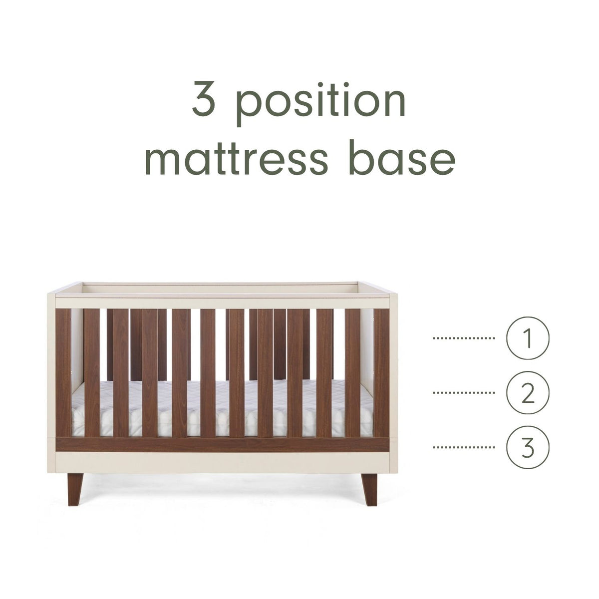 An infographic of a white cot bed with wooden panels and a mattress base shown on a white background, with text reading '3 position mattress base' and numbered heights 1, 2, and 3 indicating three mattress positions.