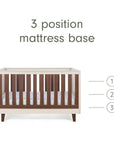 An infographic of a white cot bed with wooden panels and a mattress base shown on a white background, with text reading '3 position mattress base' and numbered heights 1, 2, and 3 indicating three mattress positions.