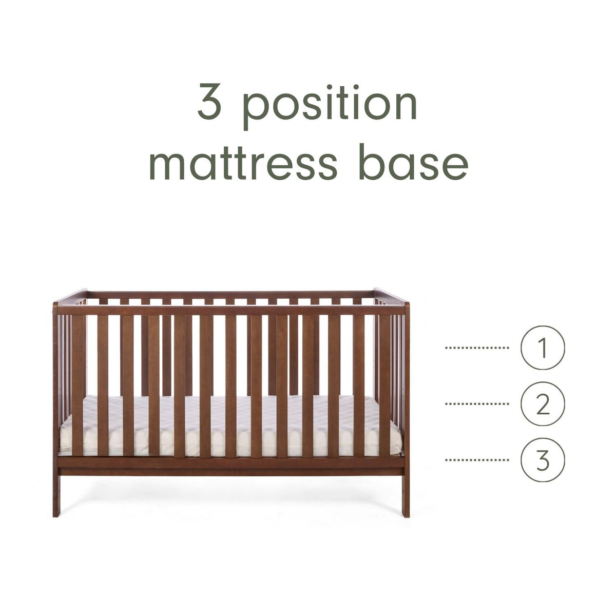 An infographic of a brown wooden cot bed with a mattress base shown on a white background, with text reading '3 position mattress base' and numbered heights 1, 2, and 3 indicating three mattress positions.