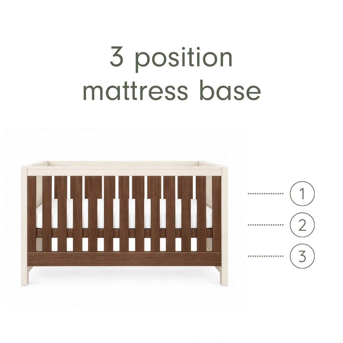 An infographic of a brown wooden and white cot bed with a mattress base shown on a white background, with text reading '3 position mattress base' and numbered heights 1, 2, and 3 indicating three mattress positions.