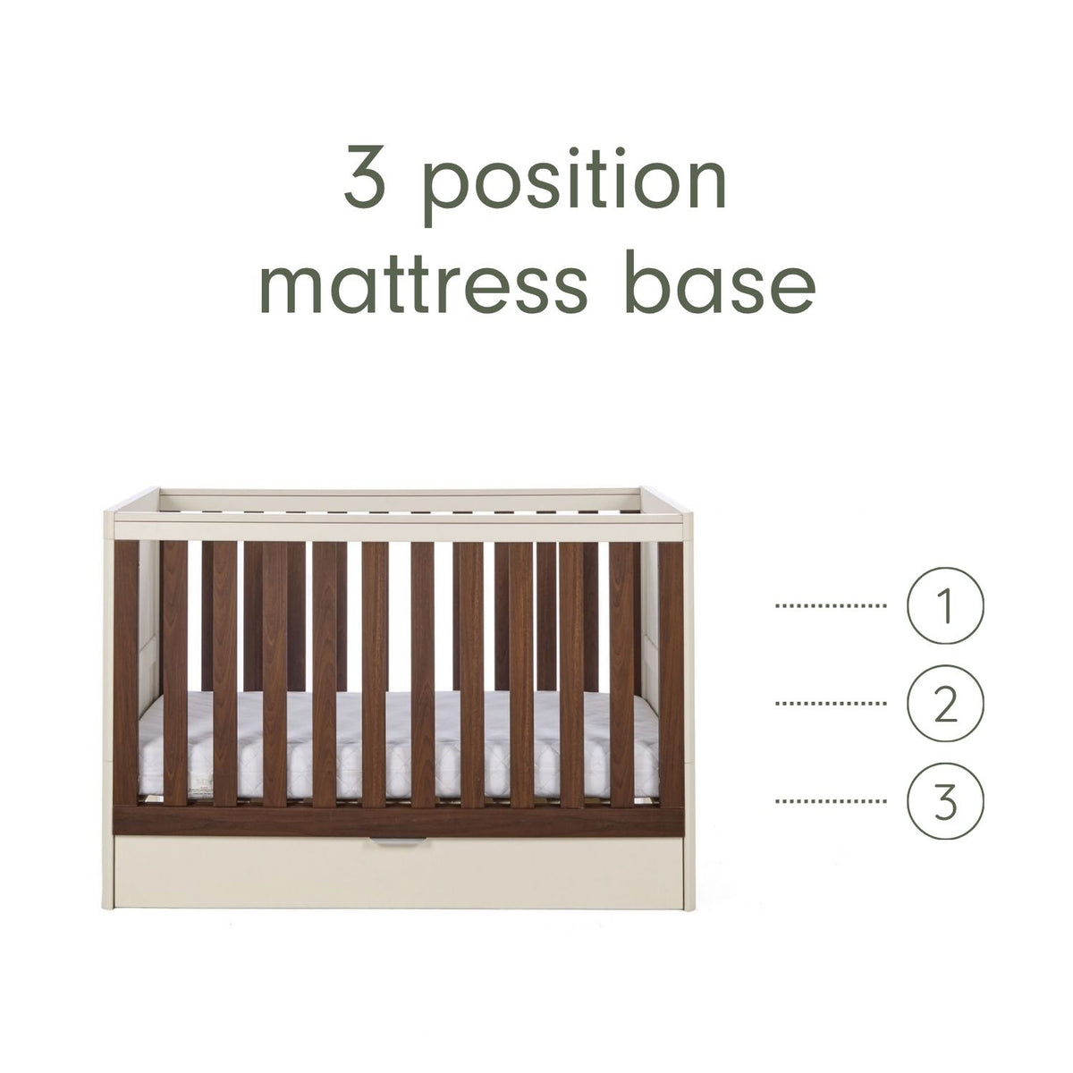 An infographic of a brown wooden and white cot bed with a mattress base shown on a white background, with text reading '3 position mattress base' and numbered heights 1, 2, and 3 indicating three mattress positions.