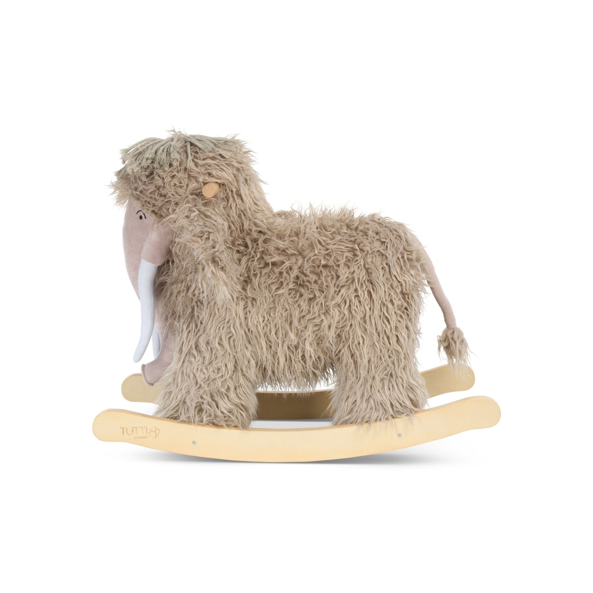 Plush rocking mammoth toy in grey on a white background