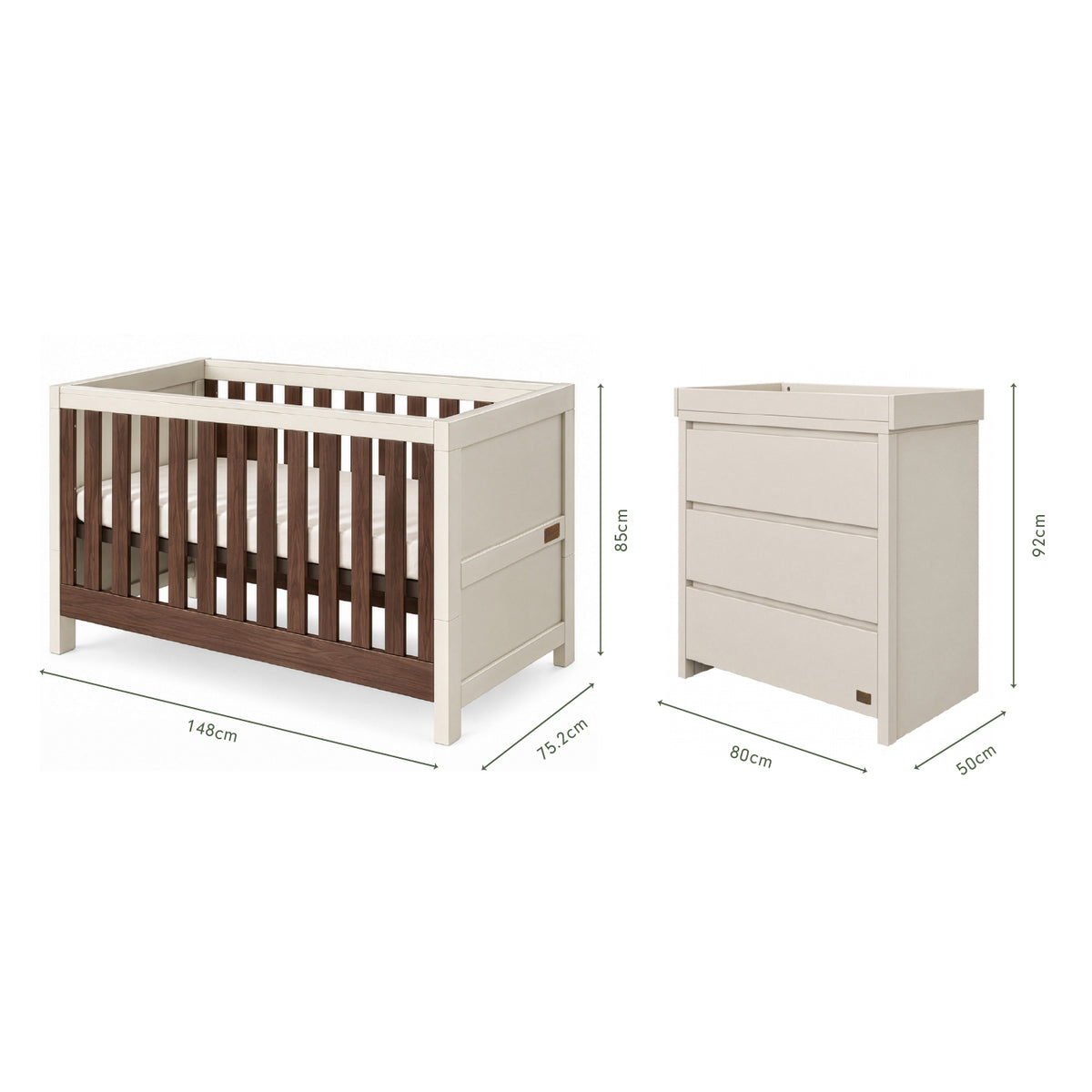 Dimensions of the Origin Modena 2 Piece Nursery Furniture Set which includes a cot bed and chest changer.