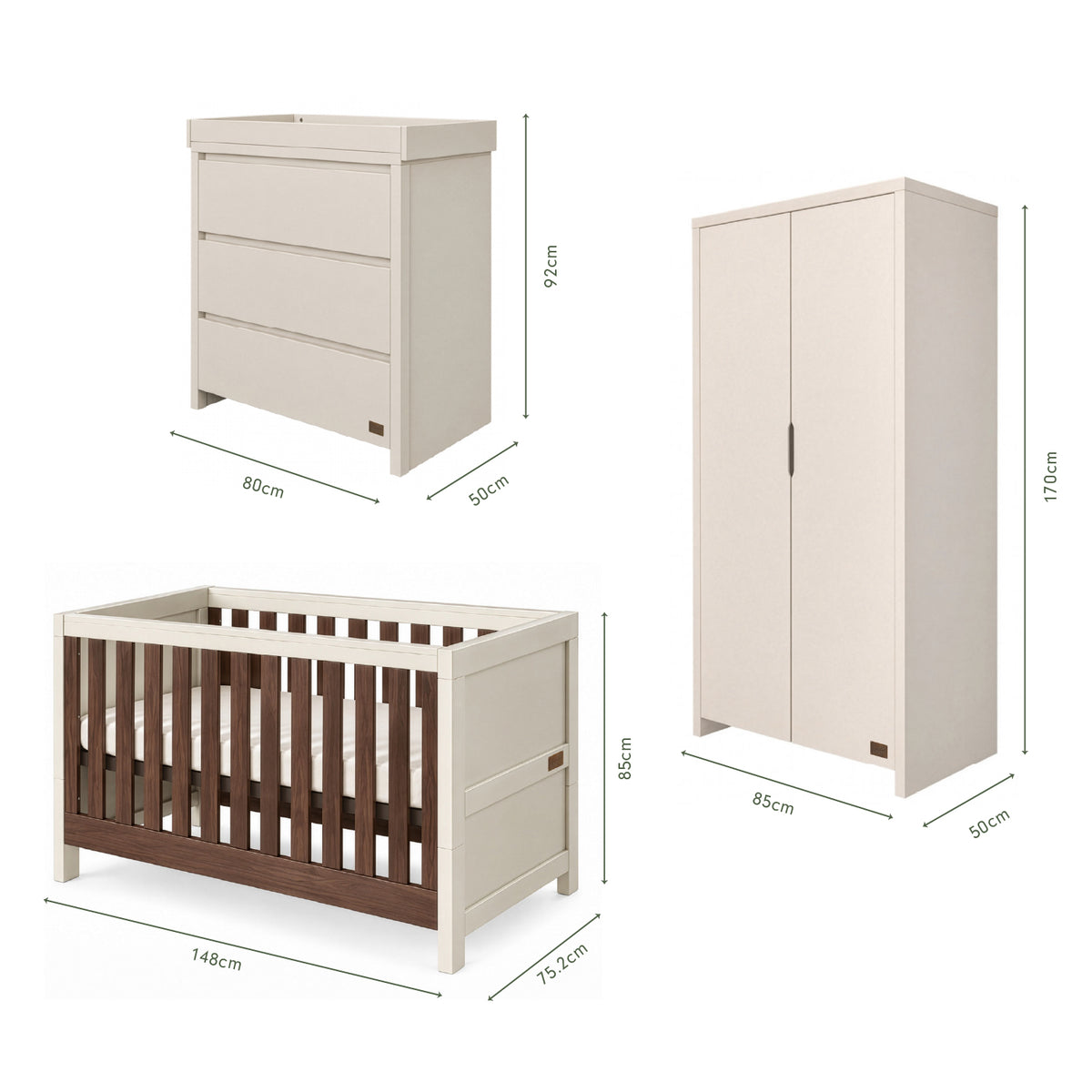 Dimensions of the Origin Modena 3 Piece Nursery Furniture Set which includes a chest changer, cot bed and nursery wardrobe.