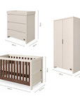 Dimensions of the Origin Modena 3 Piece Nursery Furniture Set which includes a chest changer, cot bed and nursery wardrobe.