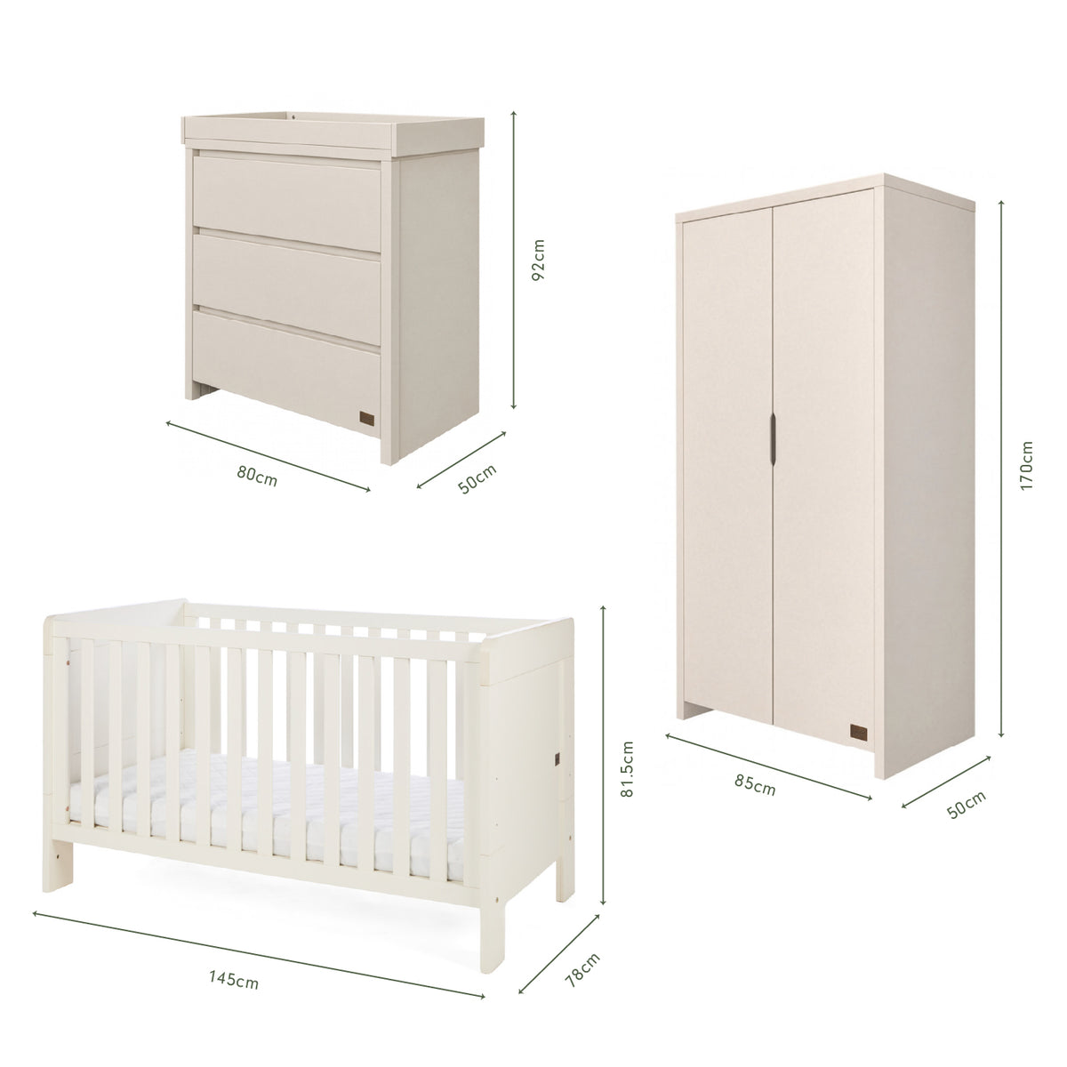 Dimensions of the Origin Alba 3 Piece Nursery Furniture Set which includes a chest changer, cot bed and nursery wardrobe.
