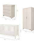 Dimensions of the Origin Alba 3 Piece Nursery Furniture Set which includes a chest changer, cot bed and nursery wardrobe.
