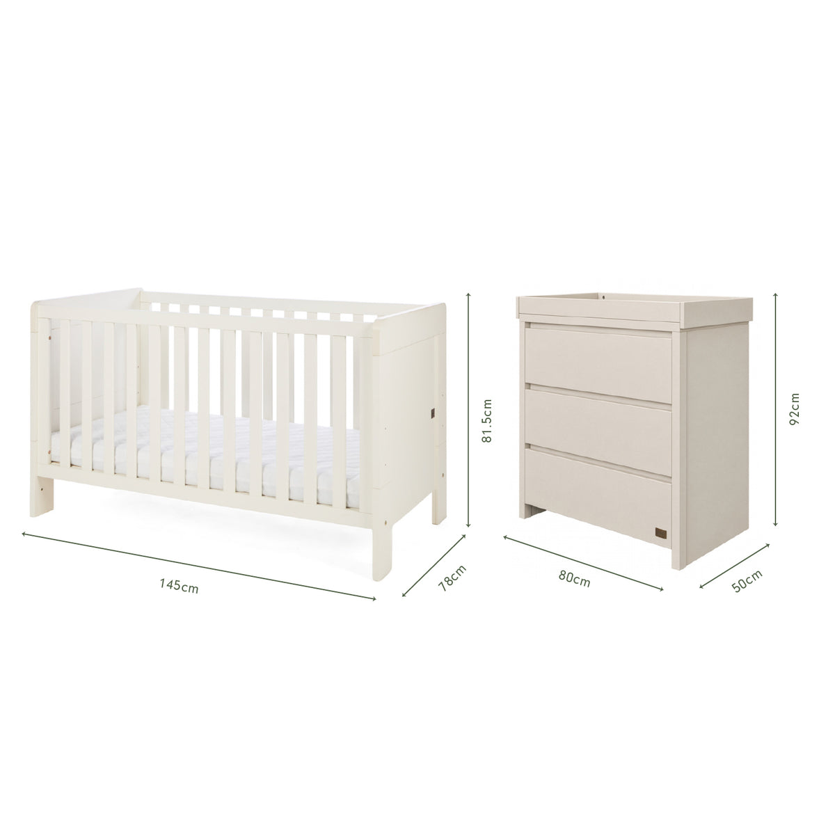 Dimensions of the Origin Alba 2 Piece Nursery Furniture Set which includes a cot bed and chest changer.