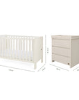 Dimensions of the Origin Alba 2 Piece Nursery Furniture Set which includes a cot bed and chest changer.