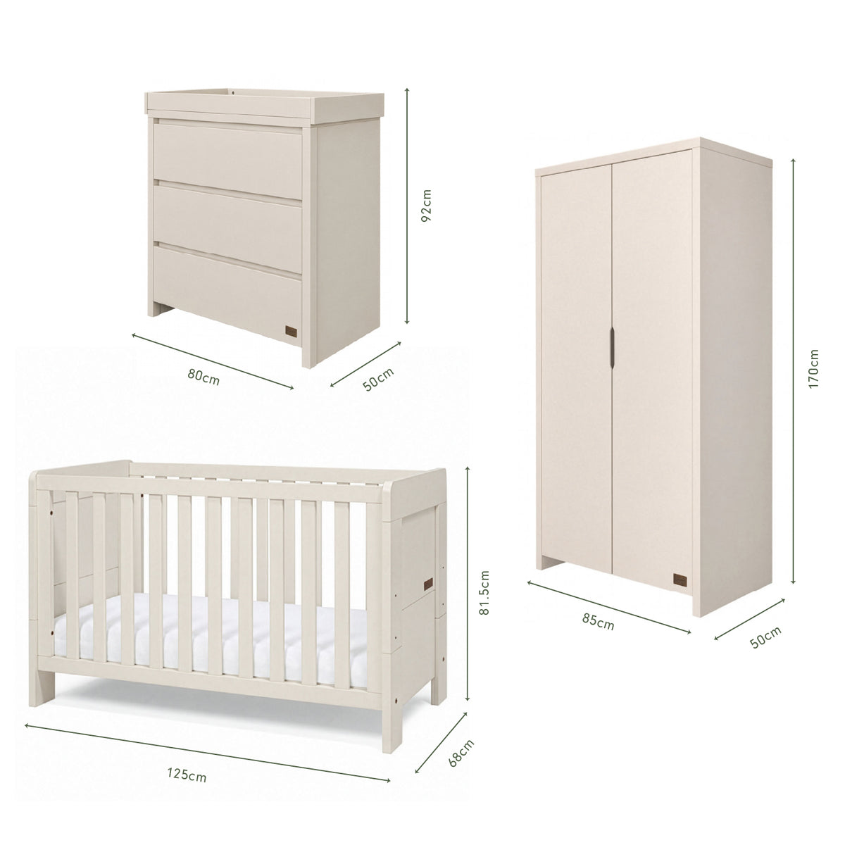 Dimensions of the Origin Alba Mini 3 Piece Nursery Furniture Set which includes a chest changer, cot bed and nursery wardrobe.