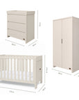 Dimensions of the Origin Alba Mini 3 Piece Nursery Furniture Set which includes a chest changer, cot bed and nursery wardrobe.