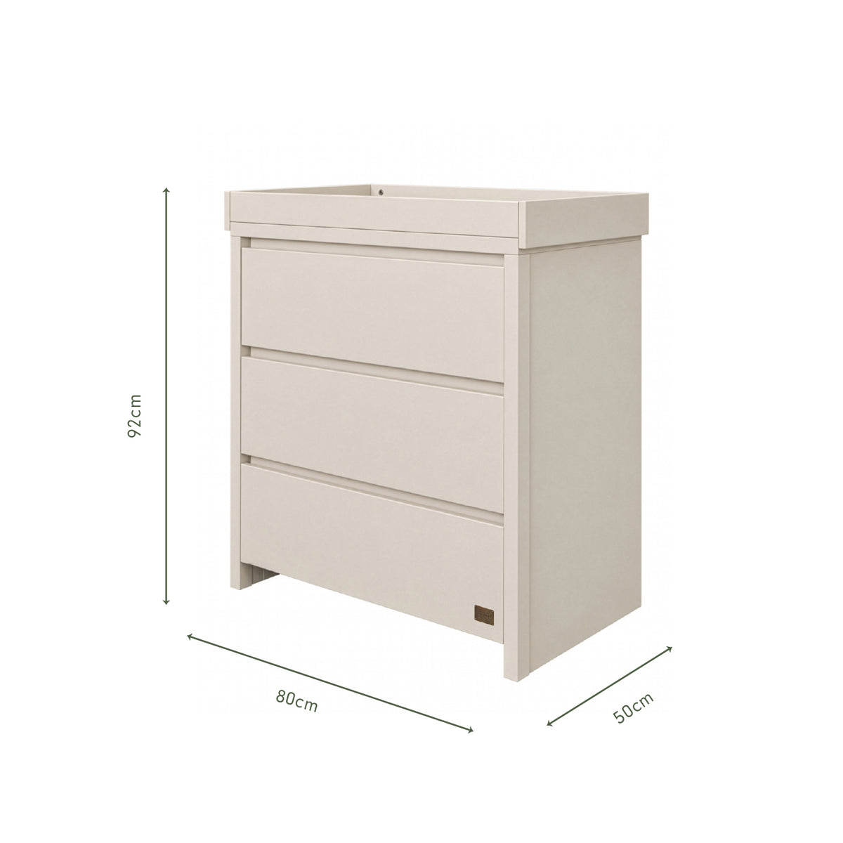 An infographic of a white chest changer with three drawers showing dimension markings of 80 cm length, 50 cm width, and 92 cm height, on a plain white background.