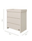 An infographic of a white chest changer with three drawers showing dimension markings of 80 cm length, 50 cm width, and 92 cm height, on a plain white background.