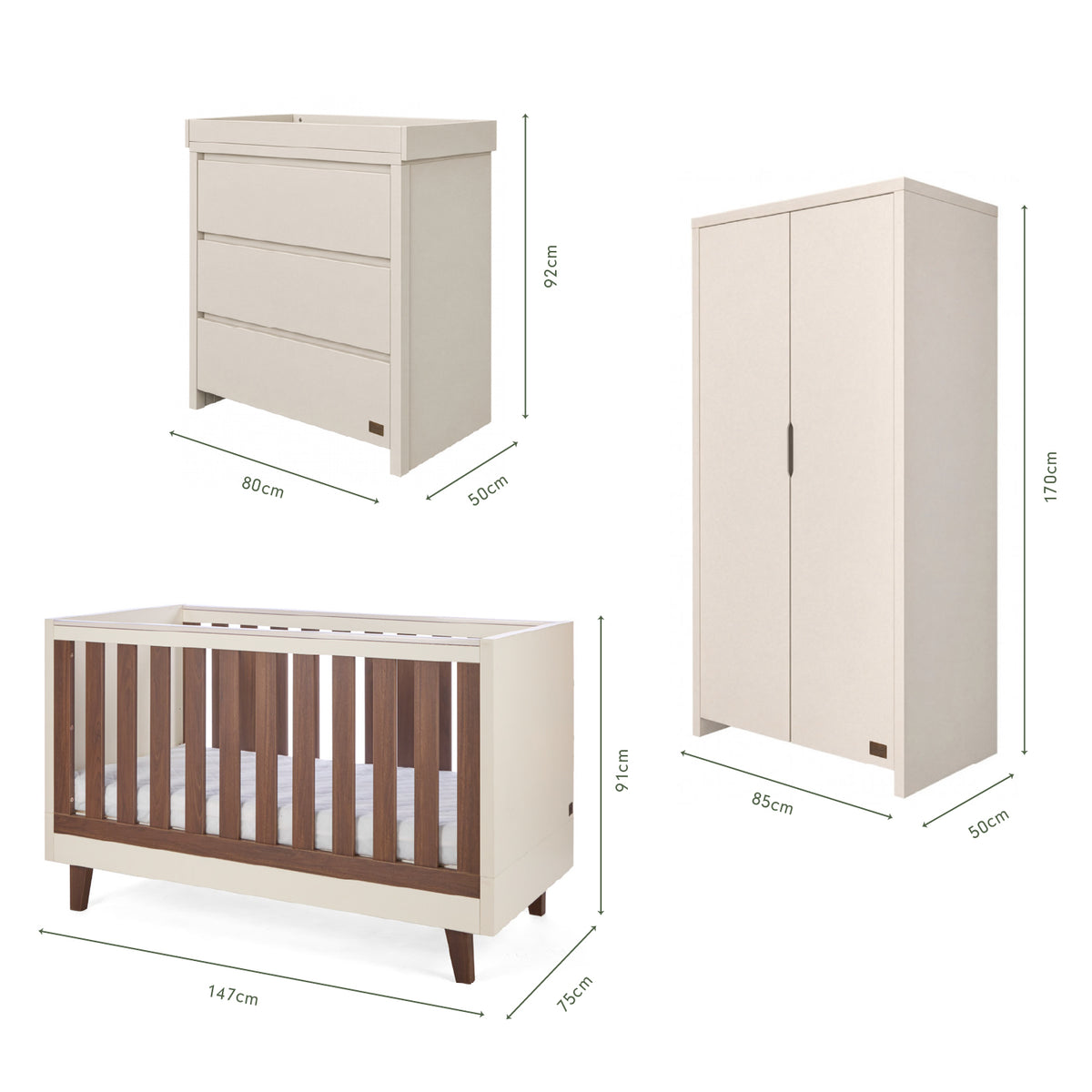 Dimensions of the Origin Como 3 Piece Nursery Furniture Set which includes a chest changer, cot bed and nursery wardrobe.