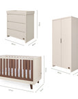 Dimensions of the Origin Como 3 Piece Nursery Furniture Set which includes a chest changer, cot bed and nursery wardrobe.