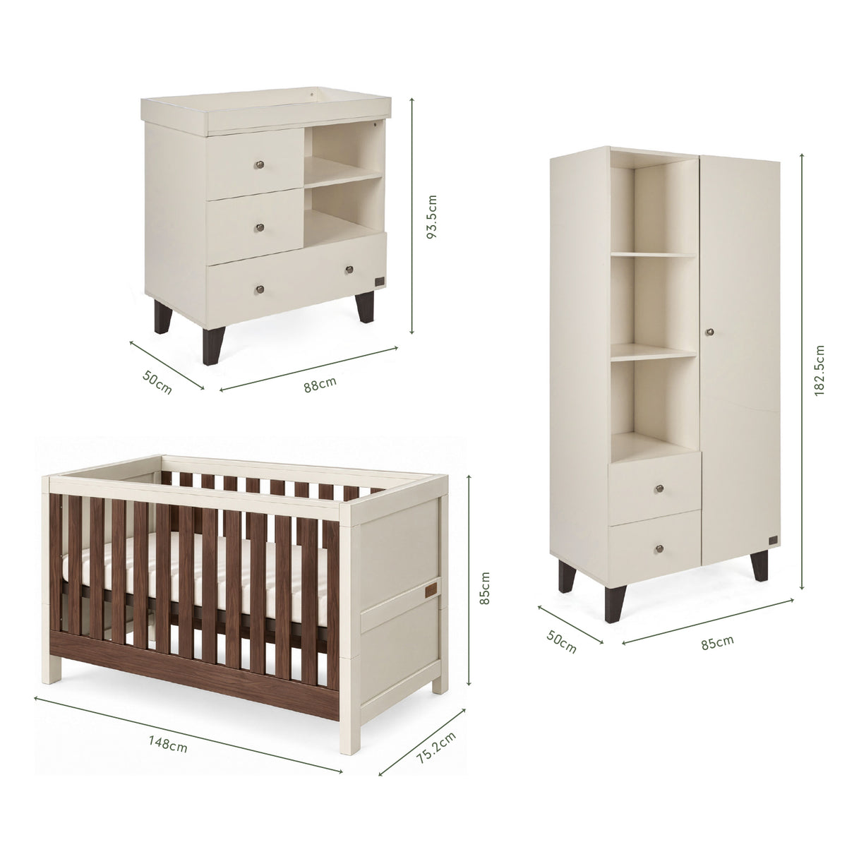 Dimensions of the Origin Modena 3 Piece Nursery Furniture Set which includes a chest changer, cot bed and nursery wardrobe.