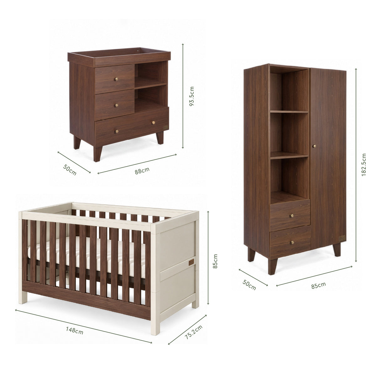 Dimensions of the Origin Modena 3 Piece Nursery Furniture Set which includes a chest changer, cot bed and nursery wardrobe.