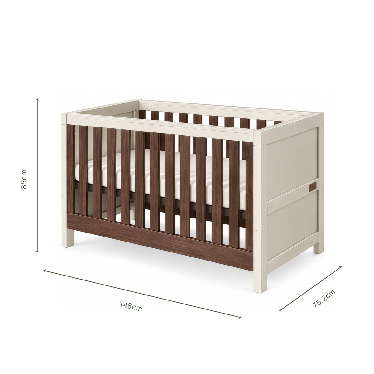 An infographic of a white cot bed with wooden panels showing dimension markings of 148 cm length, 75.2 cm width, and 85 cm height, on a plain white background.