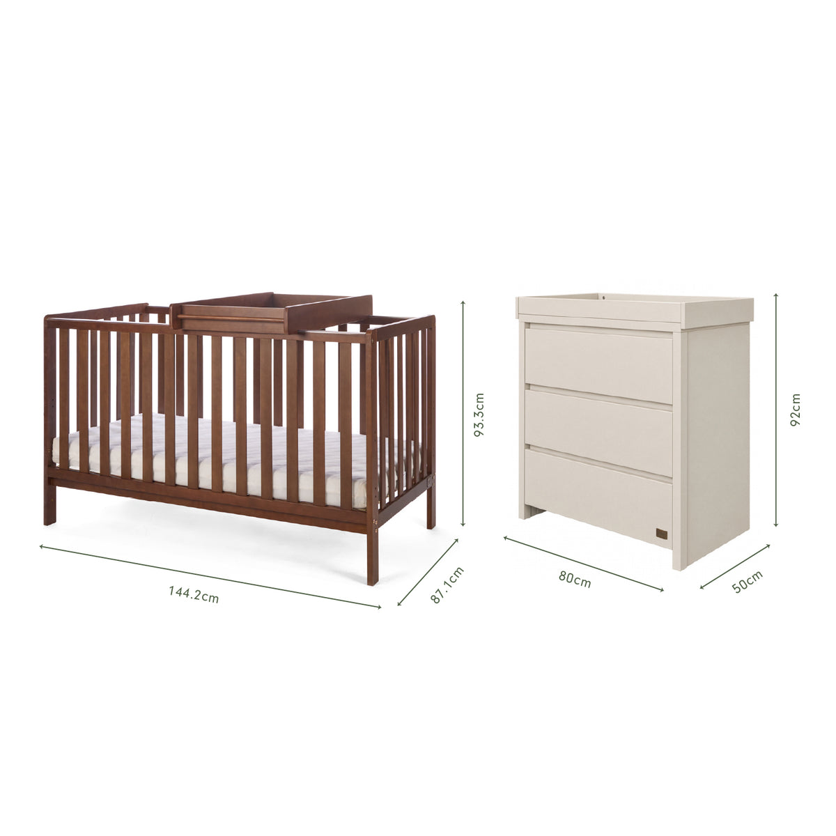Dimensions of the Origin Malmo 2pc Nursery Furniture Set which includes a cot bed and chest changer.