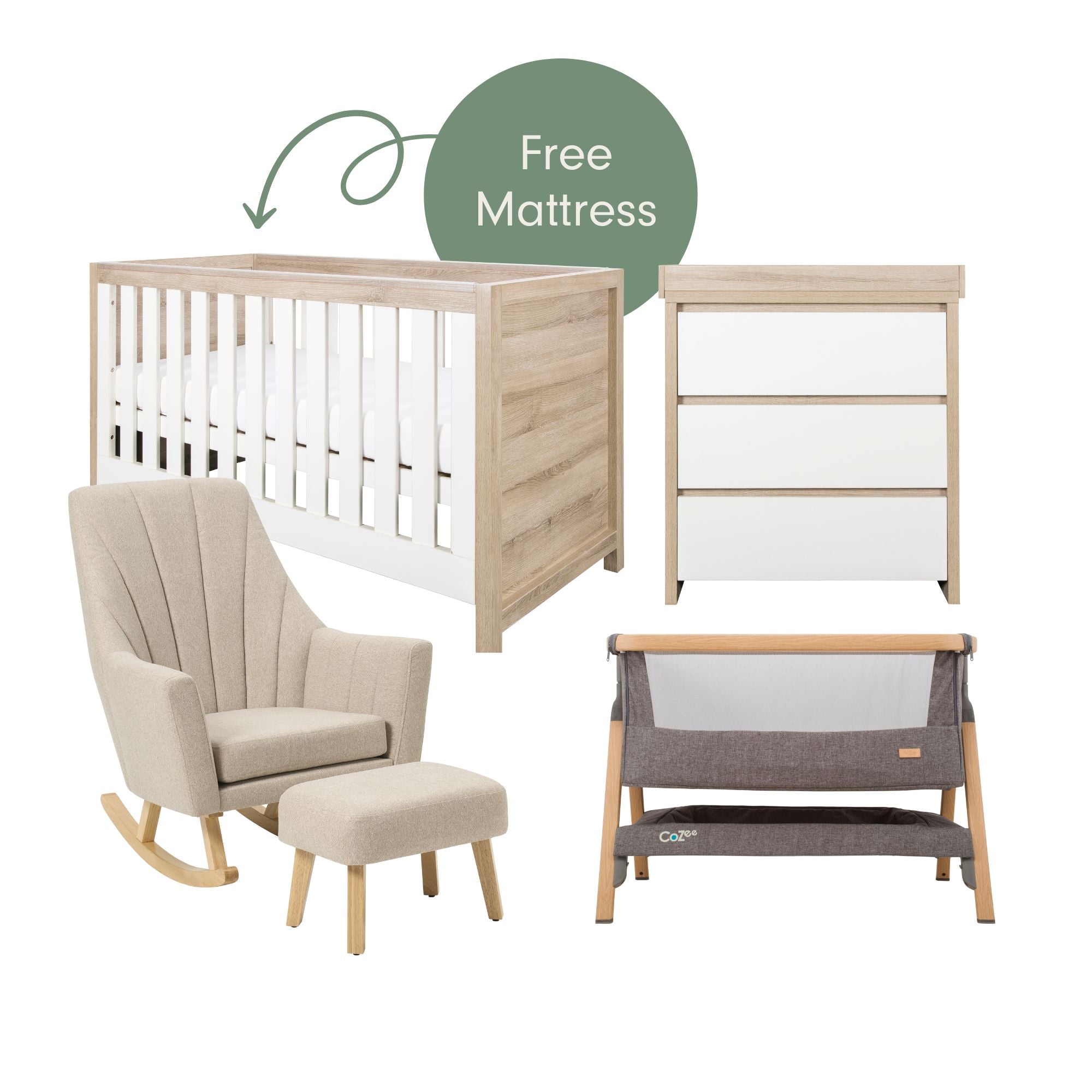 Nursery furniture set including a crib, chair, cot and chest of drawers on a white background.