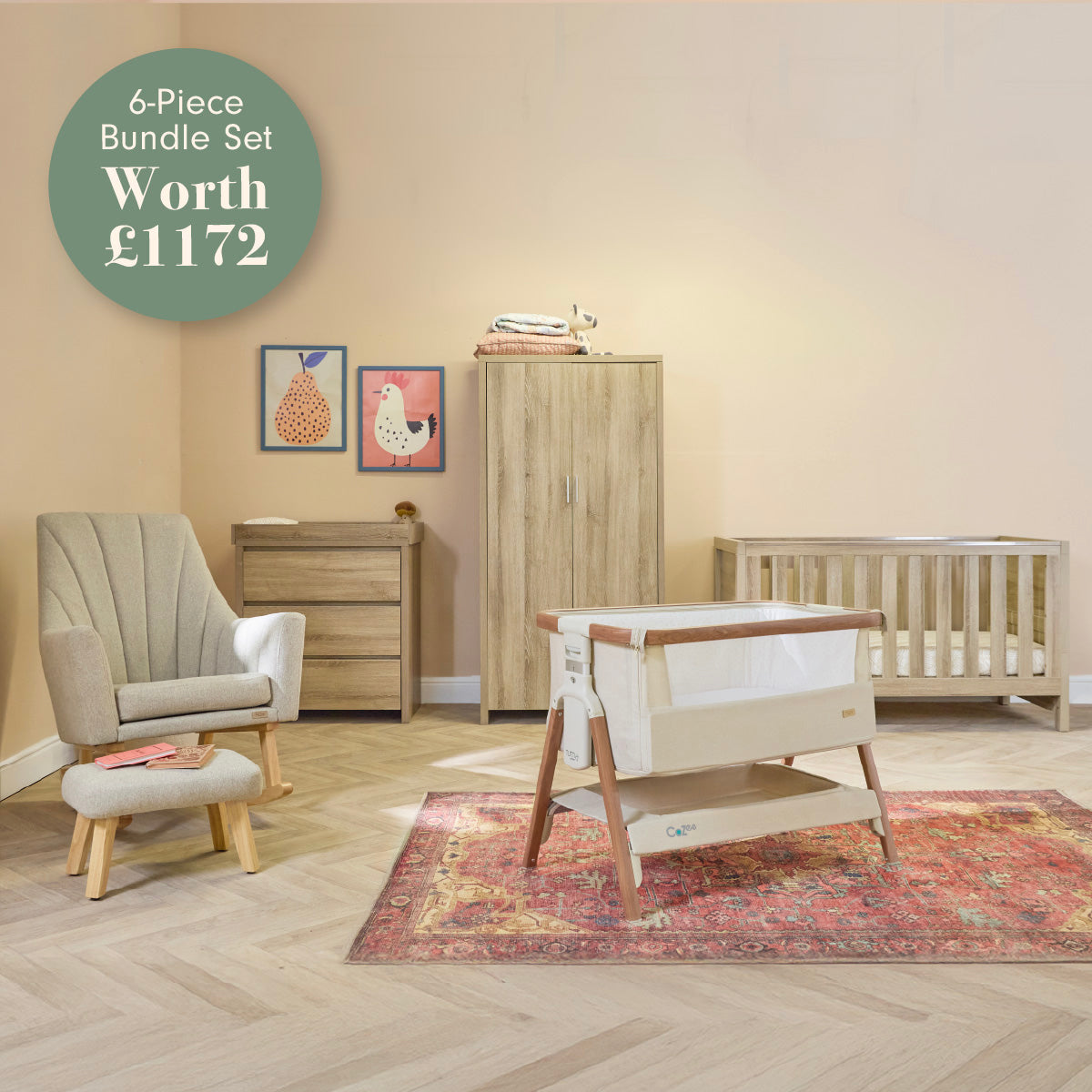 Full Modena 6-piece nursery bundle styled in a warm room, featuring matching furniture plus CoZee crib for a complete coordinated setup
