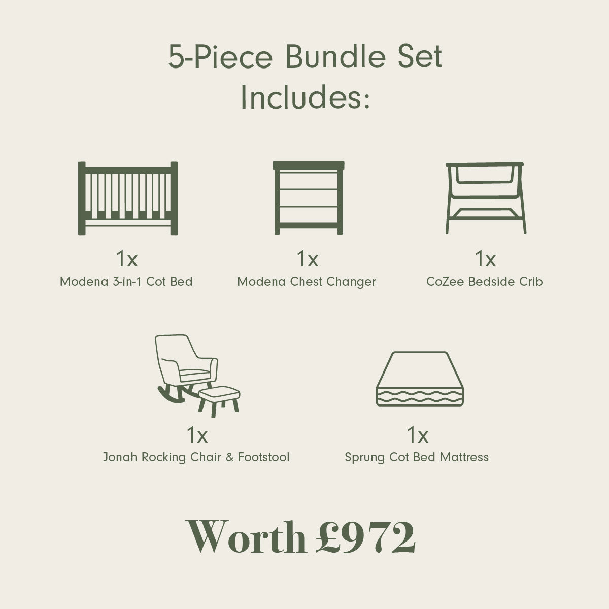 Icon view of the Modena nursery bundle showing cot bed, chest changer, CoZee crib, rocking chair with footstool and sprung mattress