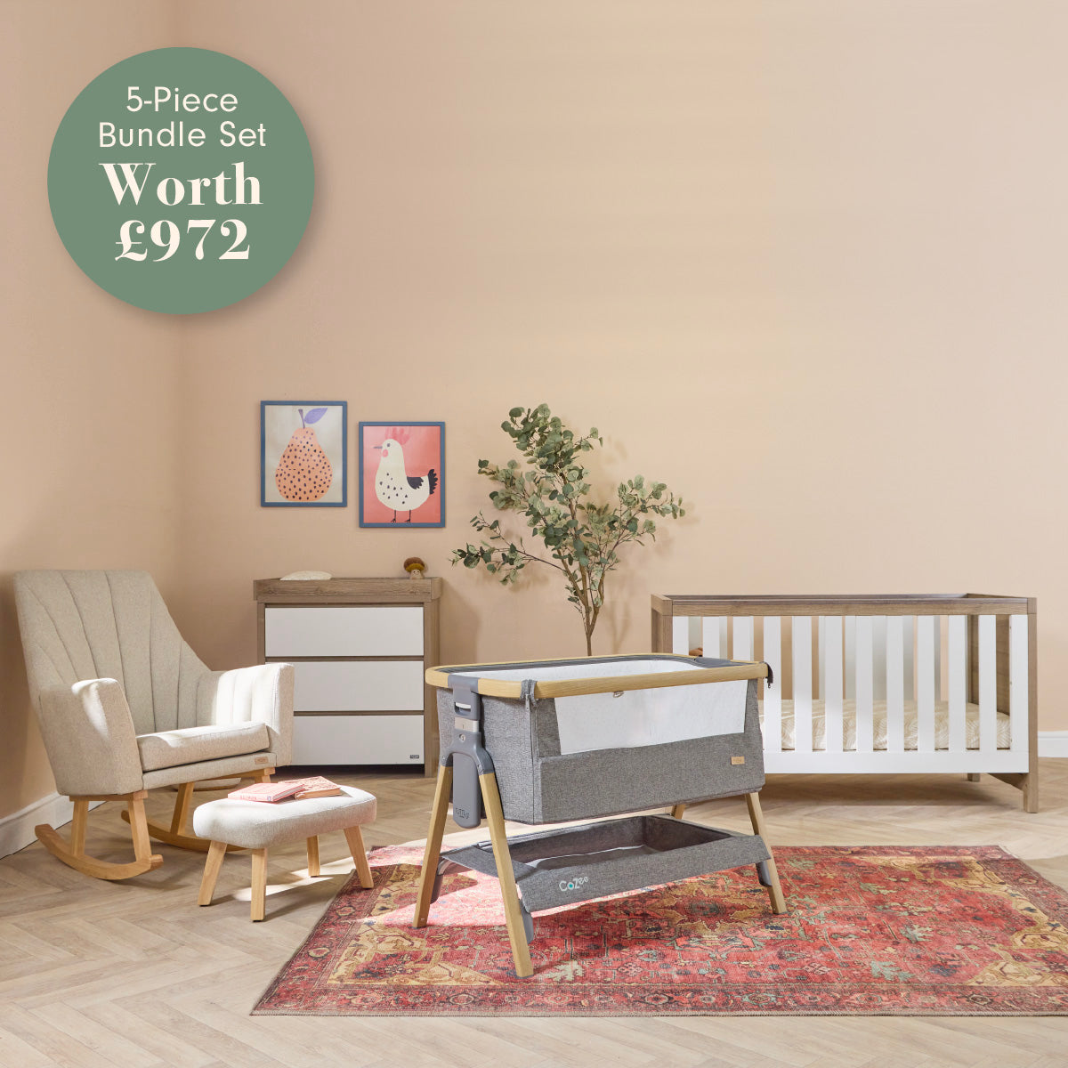 Lifestyle view of the five-piece Modena nursery bundle, featuring coordinated furniture and the CoZee bedside crib in a calm, modern room