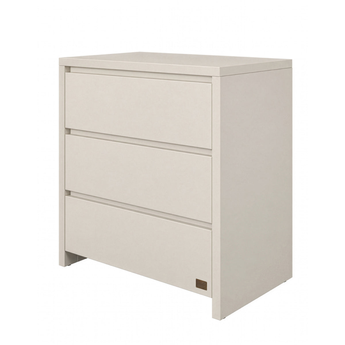The Modena changing unit in cashmere shown at an angle, featuring three spacious drawers ideal for nursery storage and baby essentials.