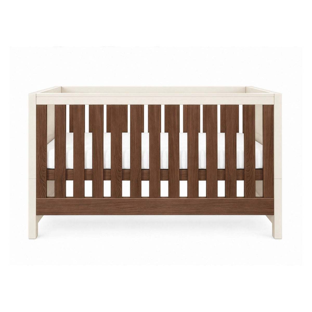 The Modena cot bed in cashmere and rich walnut featuring clean lines, slatted sides, and a neutral wood finish for a contemporary nursery.