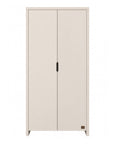 A nursery wardrobe in white with closed doors, providing a sleek and contemporary storage solution for children's bedrooms, shown on white background.