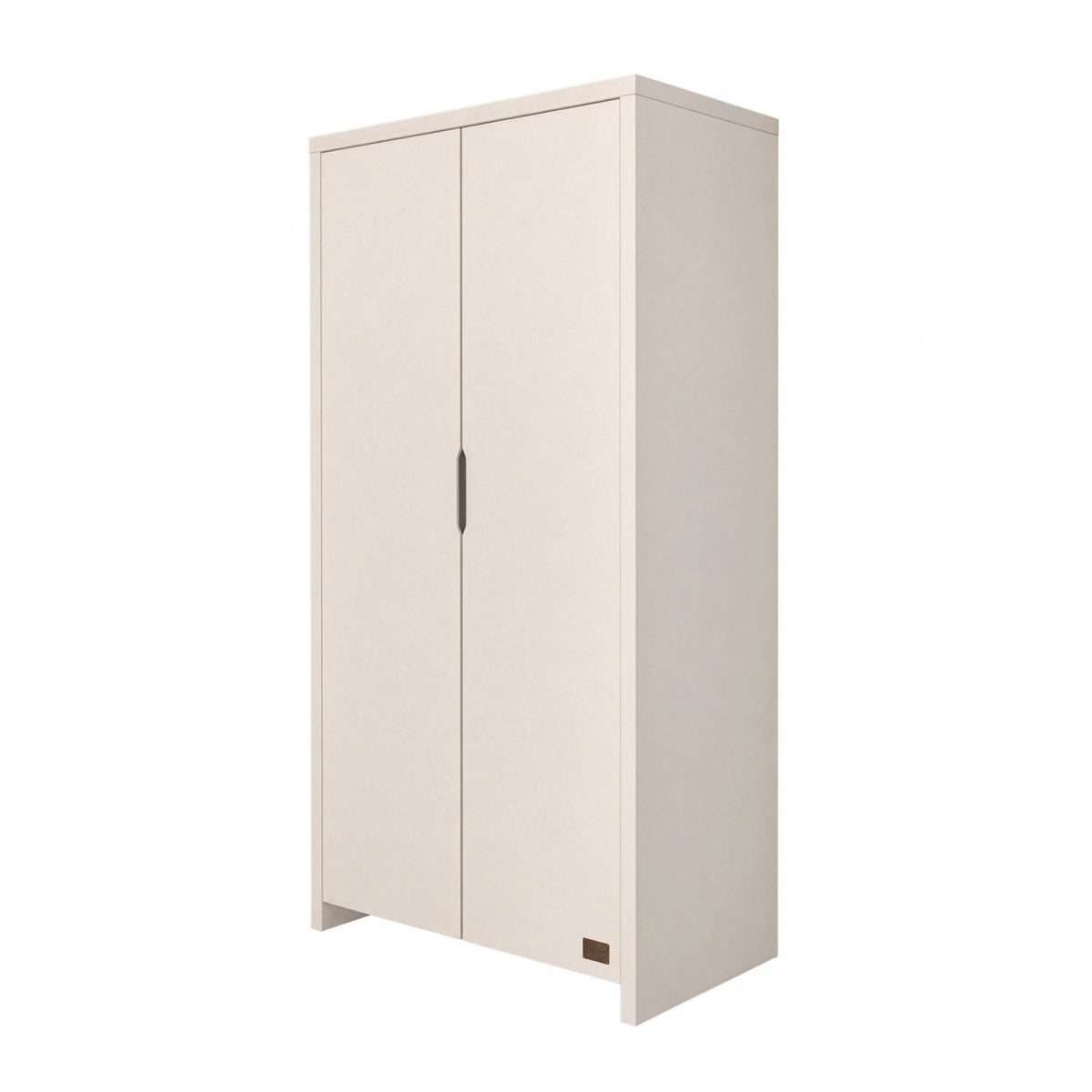An angle view of a nursery wardrobe in white with closed doors, providing a sleek and contemporary storage solution for children's bedrooms, shown on white background. 