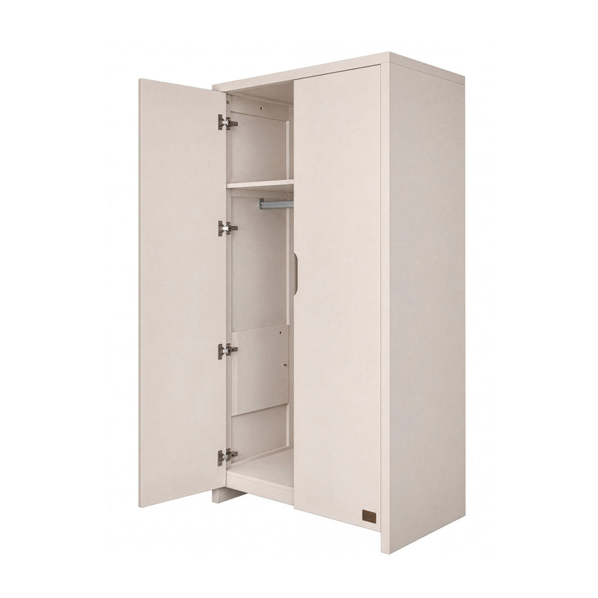 A nursery wardrobe in white with one door open revealing a top shelf and beneath it a hanging rail, providing a sleek and contemporary storage solution for children's bedrooms, shown on white background.