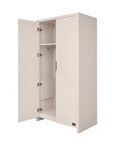 A nursery wardrobe in white with one door open revealing a top shelf and beneath it a hanging rail, providing a sleek and contemporary storage solution for children's bedrooms, shown on white background.