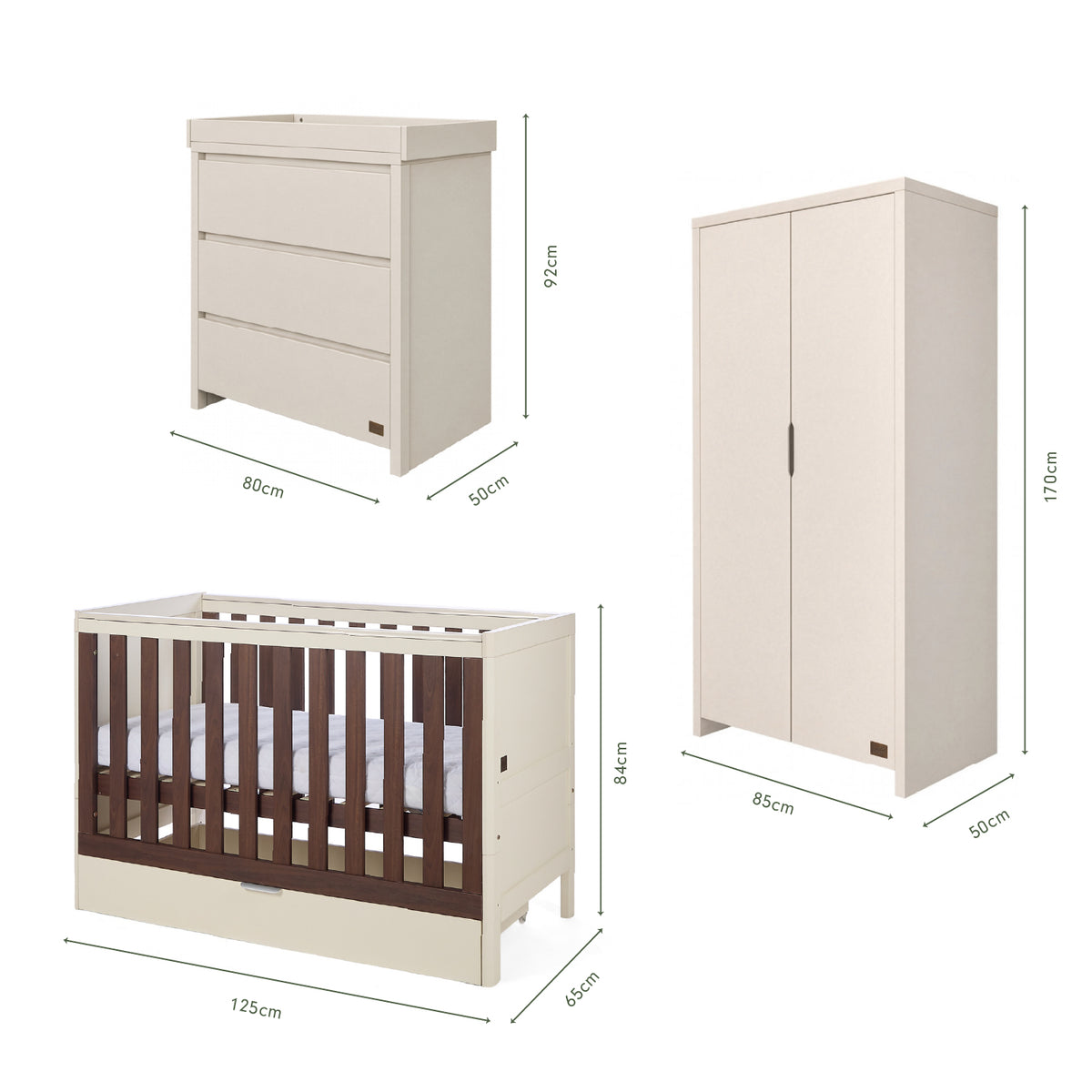 Dimensions of the Origin Riley 3 Piece Nursery Furniture Set which includes a chest changer, cot bed and nursery wardrobe.