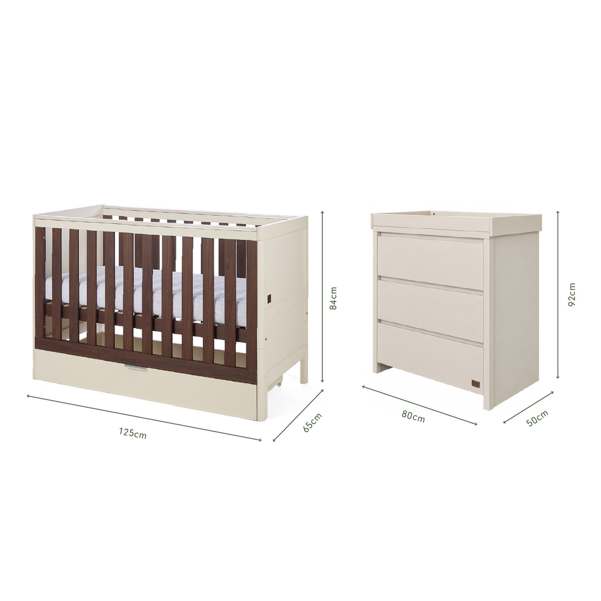 Dimensions of the Origin Riley 2 Piece Nursery Furniture Set which includes a cot bed and chest changer.