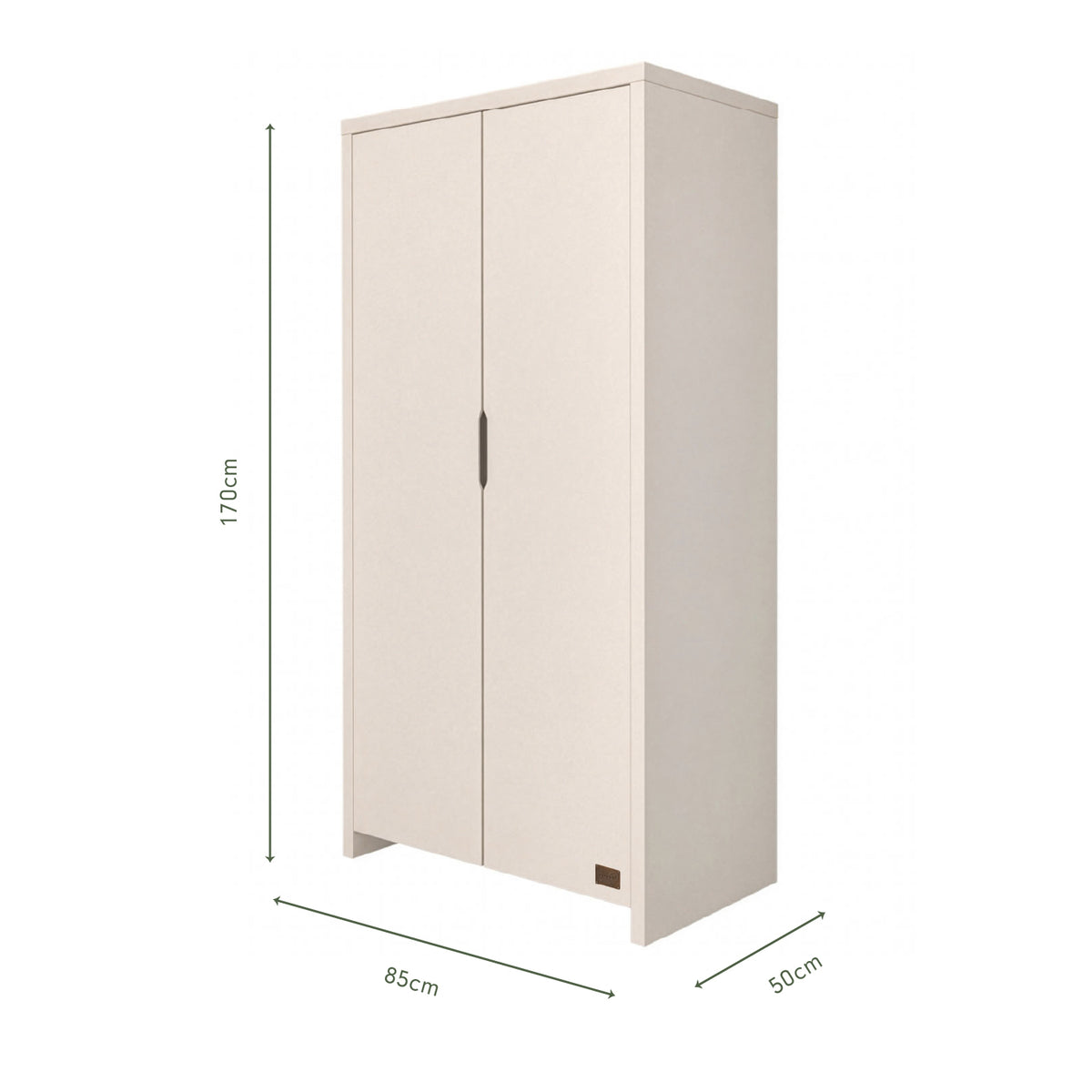 An infographic of a tall two-door nursery wardrobe shown on a white background with dimension lines indicating 170 cm height, 85 cm width, and 50 cm depth.