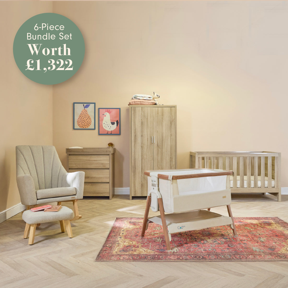 Full Modena 6-piece nursery bundle styled in a warm room, featuring matching furniture plus CoZee crib for a complete coordinated setup