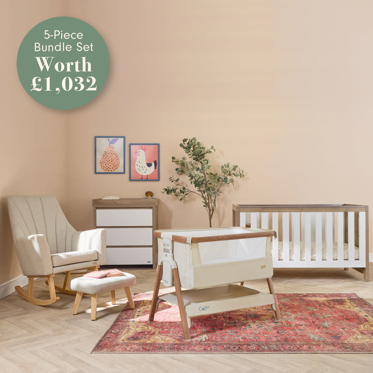 A 5-piece baby nursery bundle set including a wooden and cream crib, matching rocking chair and ottoman, dresser, and a changing table, styled in a warm beige nursery with a red patterned rug and a green price badge overlay.