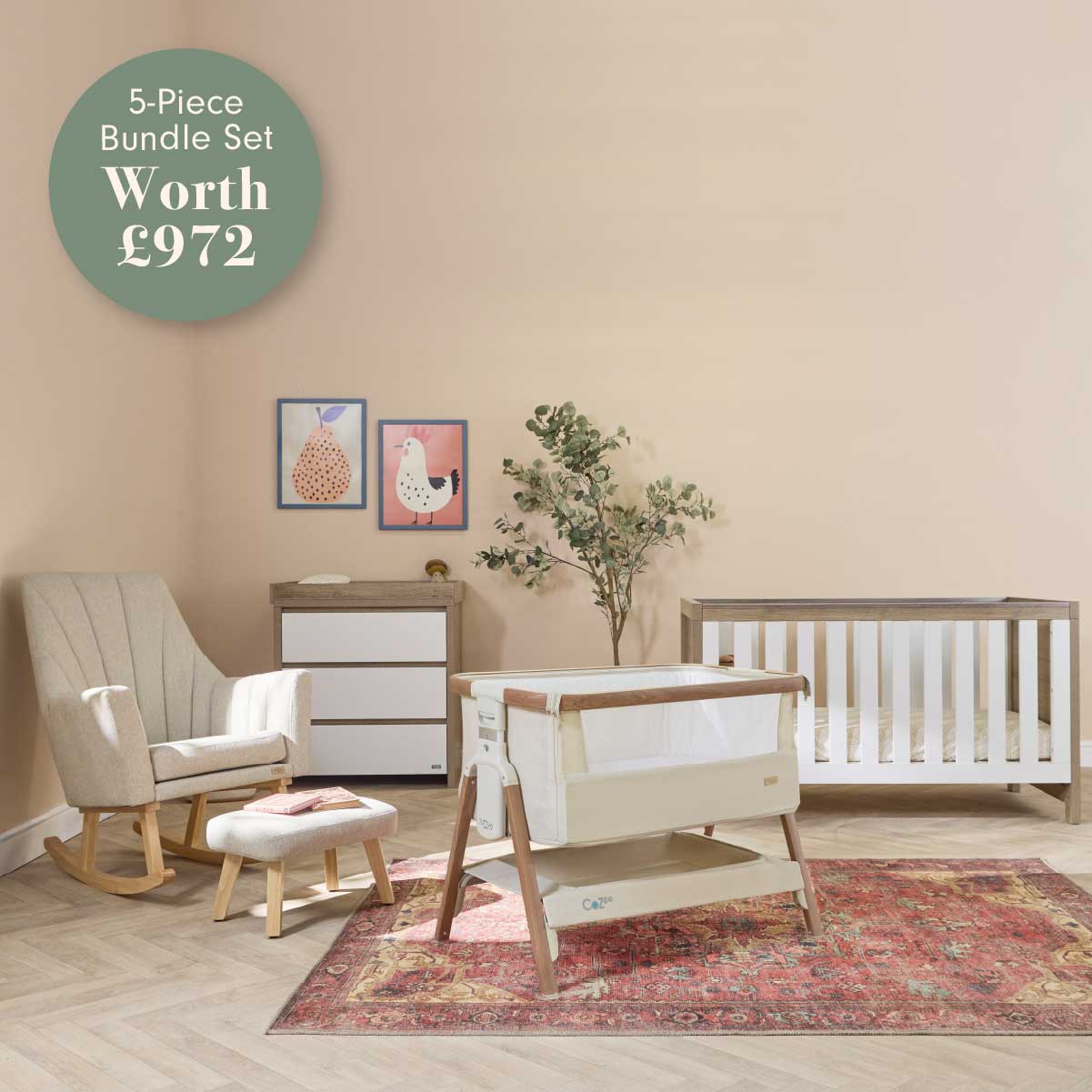 Nursery room with a baby crib, rocking chair, cot bed and a chest of drawers on a beige wall background.