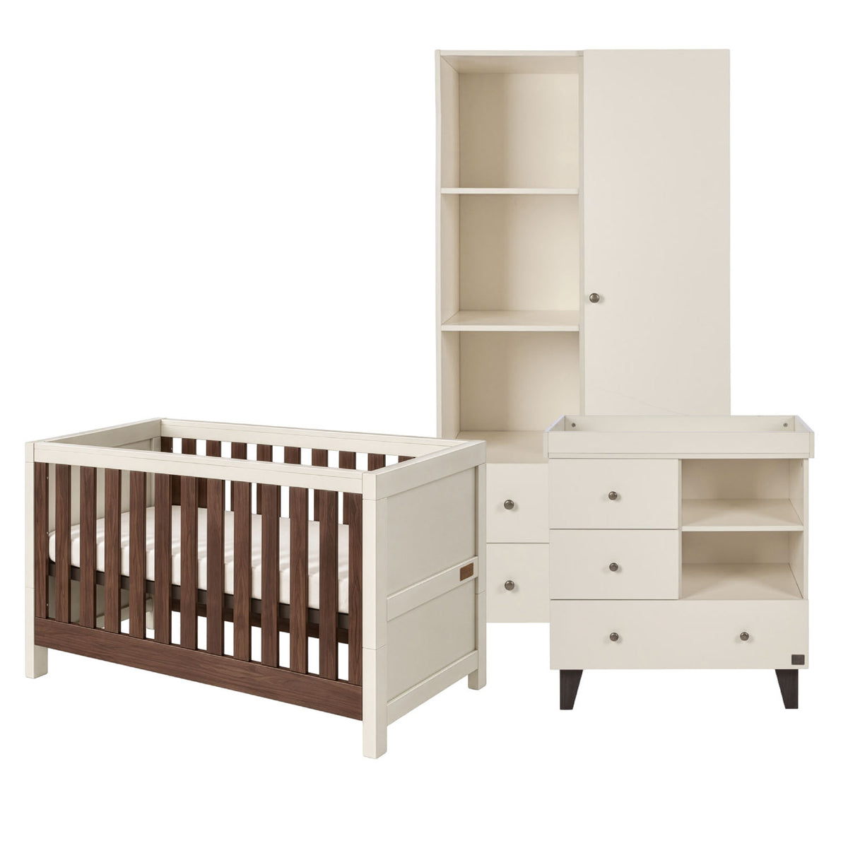 A three-piece nursery furniture set in warm off-white and dark brown wood, including a convertible cot bed, a changing table, and a tall wardrobe, shown on a solid white background.