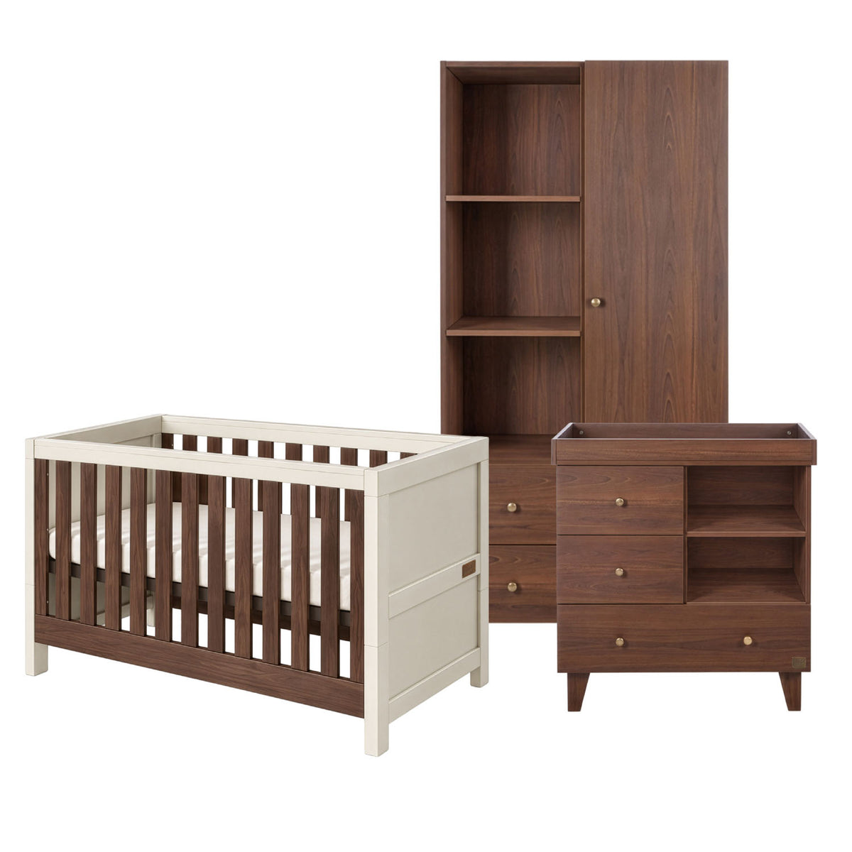 A three-piece nursery furniture set featuring a convertible cot bed, a tall wardrobe, and a changing table, shown on a solid white background.