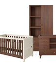 A three-piece nursery furniture set featuring a convertible cot bed, a tall wardrobe, and a changing table, shown on a solid white background.