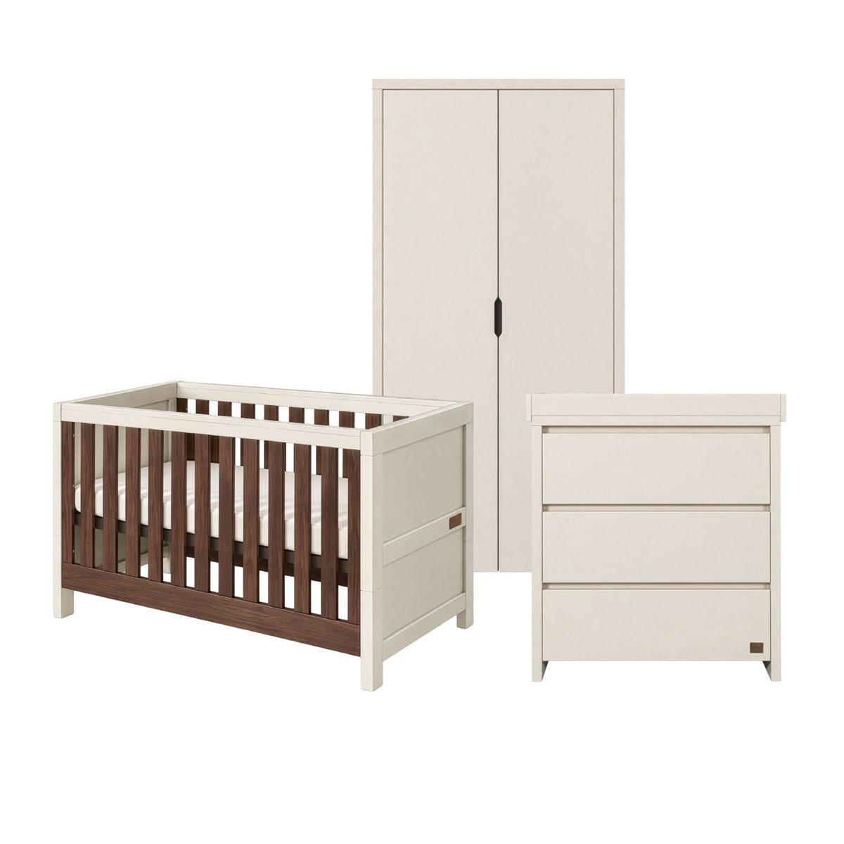 A three-piece nursery furniture set including a cot bed, a tall wardrobe, and a three-drawer dresser, shown on a plain white background. 