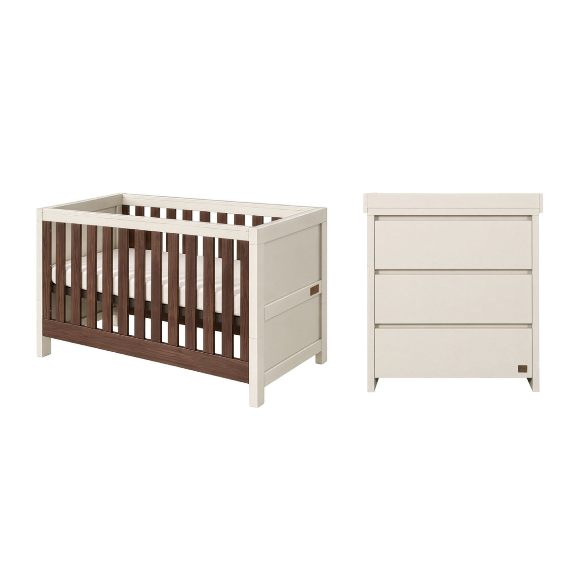 A cot bed and matching three-drawer changing unit in a coordinated cream and dark brown wood finish, shown on a plain white background.