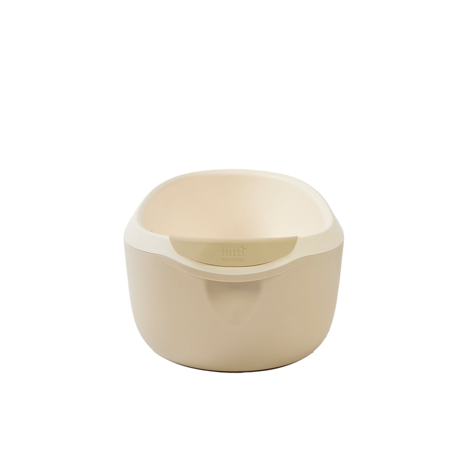 Back view of the Nati Baby Bath in dune with smooth rounded edges and integrated ergonomic support for comfortable bathing.