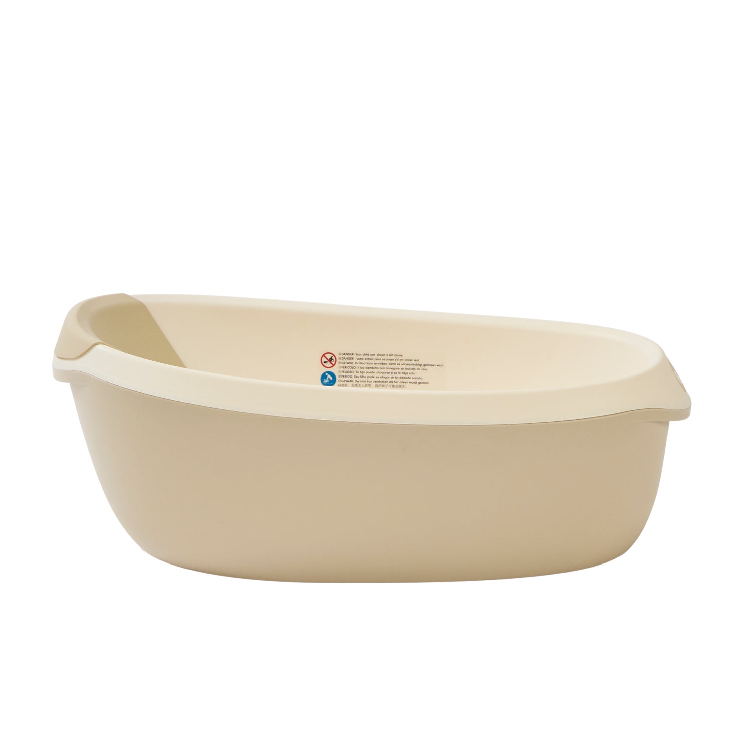 Side profile of the Nati Baby Bath in dune, showcasing its sleek curved shape and ergonomic design for growing little ones.