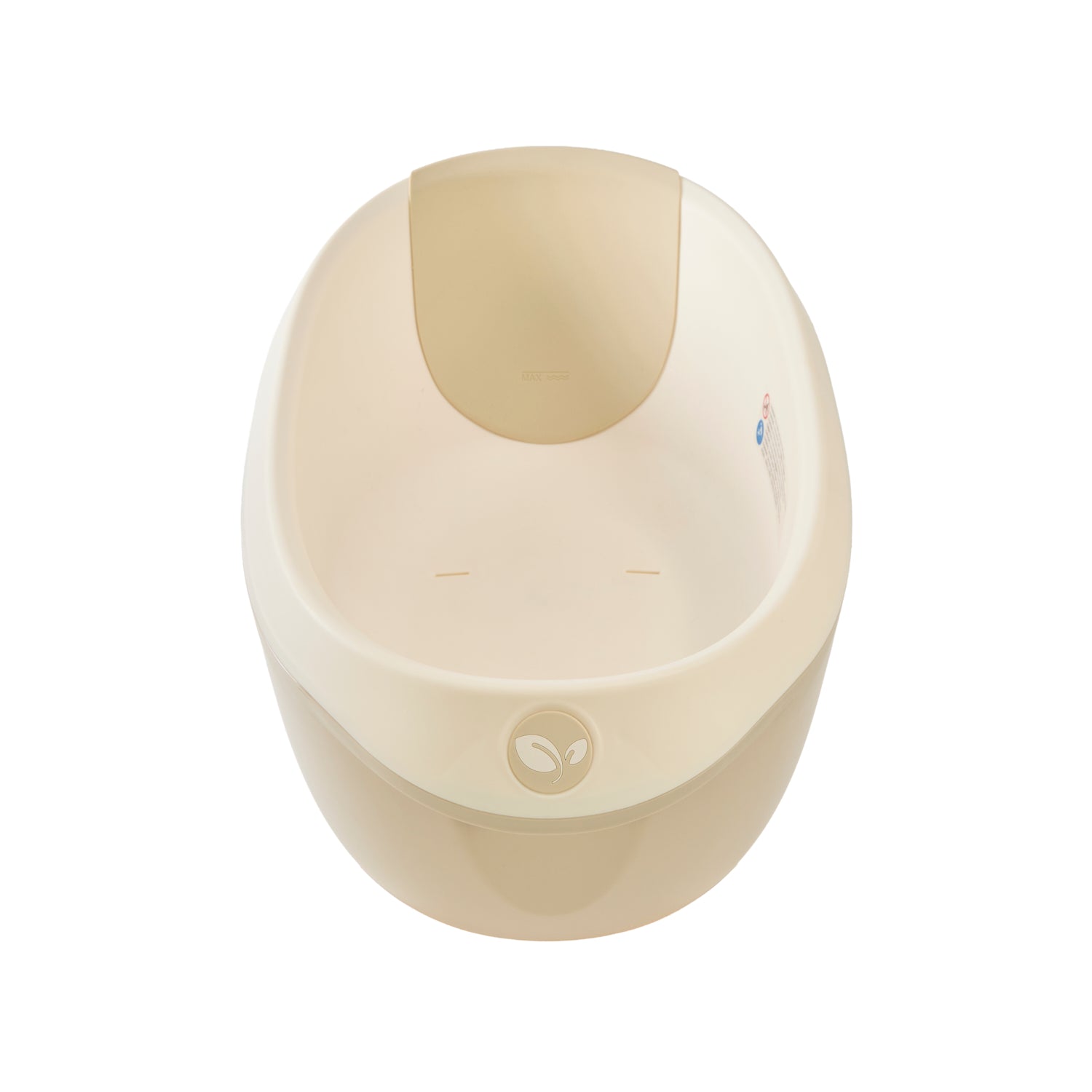 Top view of the Nati Baby Bath in dune with newborn support insert, offering secure ergonomic comfort for early bath times.