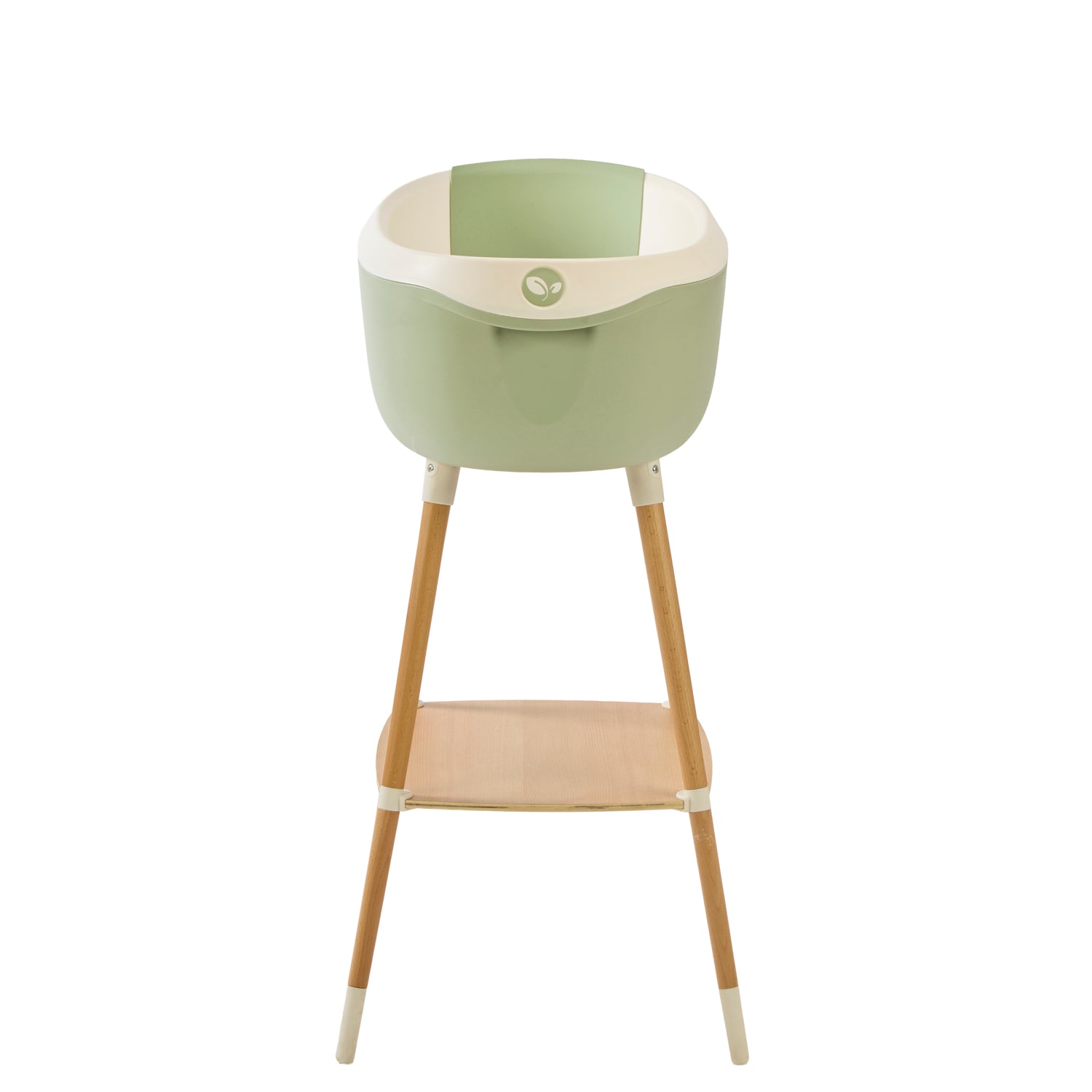 Front view of the Nati Baby Bath in aloe on a wooden stand, in a white background.